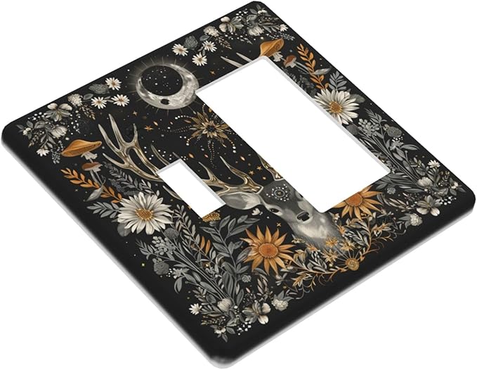 Light Switch Cover Plate Vintage Deer Flowers Moon Natural Plants Floral 2 Gang Combo Wall Plates Toggle Rocker Decorative Switch Plates and Outlet Covers for Bathroom Bedroom Decor