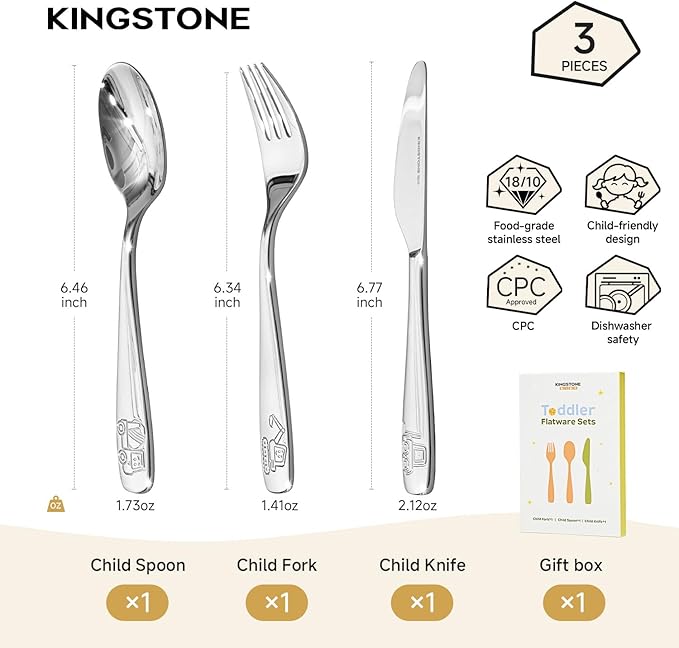 KINGSTONE Kids Silverware Set 3 Pieces, 18/10 Stainless Steel Fork, Spoon & Knife, Construction Vehicle, Digger & Dump Truck Kids Utensils, Food-Grade, Dishwasher Safe for Children Daily Use