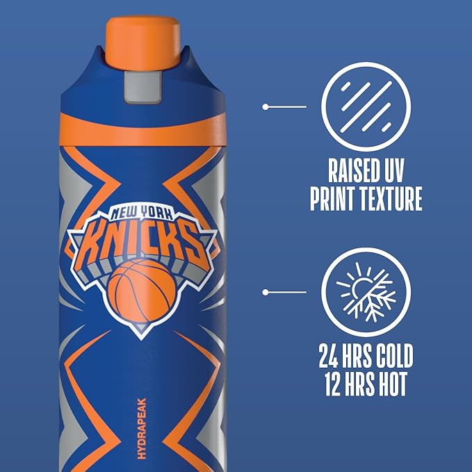 Hydrapeak x NBA Officially Licensed New York Knicks Oasis 20 oz Insulated Kids Water Bottle, Stainless Steel Water Bottle Kids with Chug Lid, Push Button