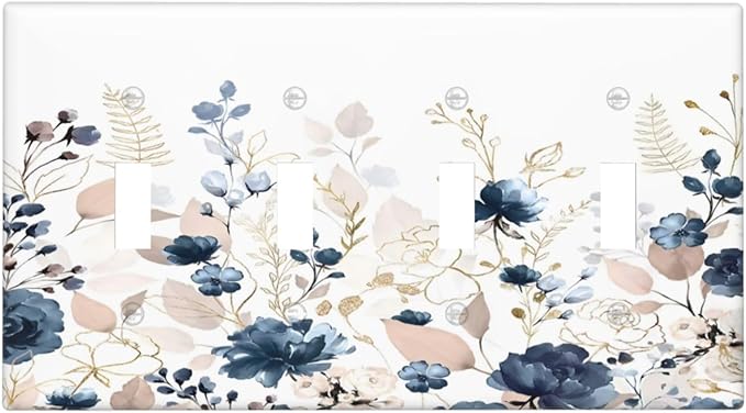 Blue Flora Boho Vintage Flower Golden Leaves Light Switch Covers Quad Toggle Electrical Faceplate 4 Gang Wall Plate Decorative Switch Plates Cover for Bedroom Living Room Decor