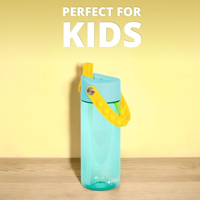 Elemental Water Bottles for Kids - Splash Kids Water Bottle for School with Pop-it Handle - BPA Free Tritan Plastic Water Bottle with Straw Leak Proof when Spout is Closed - Lemon Sky - 18oz