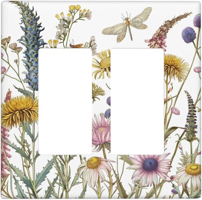 Light Switch Cover Plate Botanical Wildflowers Dragonfly Colorful Floral 2 Gang Double Rocker Outlet Covers Decorative Switch plates Electrical Wall Plates GFCI Receptacle for Bathroom Bedroom