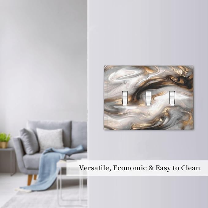Decorative Switch Plates Grey Brown Swirl Marble Texture 3 Gang Wall Plate Triple Toggle Light Switch Cover Faceplate Electrical Wall Panels For Bathroom Kitchen Decor