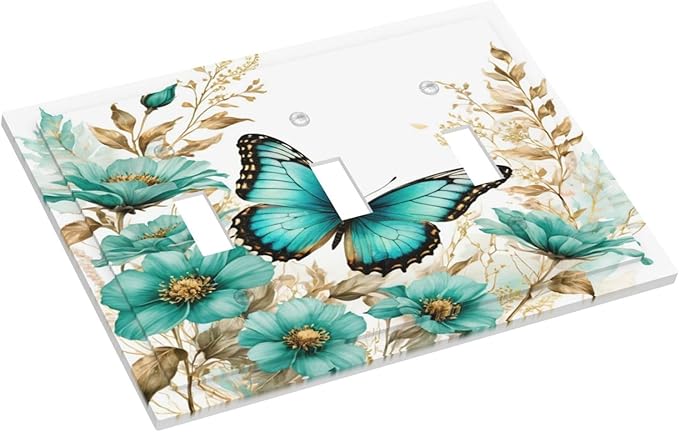 Decorative Light Switch Cover Plate Butterfly on Blue Daisy Flower Floral Golden Leaf 3 Gang Wall Plate Oversized Triple Toggle Switch Cover Plate Jumbo Electrical Face Plate