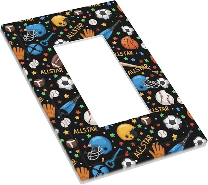 All Star Sports Single Rocker Switch Cover - 1-Gang Standard US Size Multi-Sport Light Switch Covers, Football Baseball Basketball for Boys & Girls Room Decor