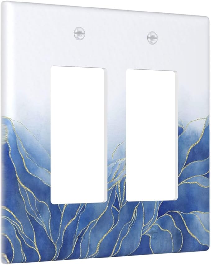 Decorative Outlet Covers Blue Gold Leaf Marble Modern Abstract 2 Gang Double Rocker Light Switch Cover Decorative Switch plates Electrical Wallplates GFCI Receptacle for Kitchen Bathroom Decor
