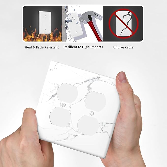 Luxurious White Marble Abstract Print Outlet Covers 2 Gang Double Duplex Decorative Light Switch Covers Electrical Wallplates Socket Faceplate for Bathroom Kitchen Bedroom Decor