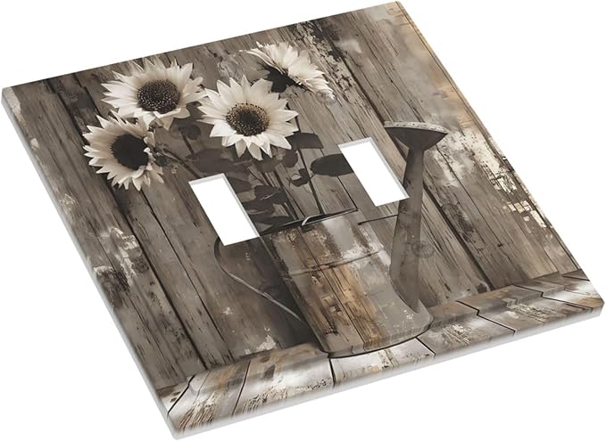 Rustic Floral Country Sunflower Daisy Old Wooden Boards Decorative Switch Plates 2 Gang Double Toggle Outlet Light Switch Cover Wall Plate Electrical Faceplate for Farmhouse Home Decor