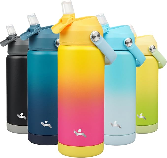 Konokyo Insulated Water Bottle with Straw Lid,18 oz Stainless Steel Vacuum Metal Bottle with Silicone Handle,Rainbow