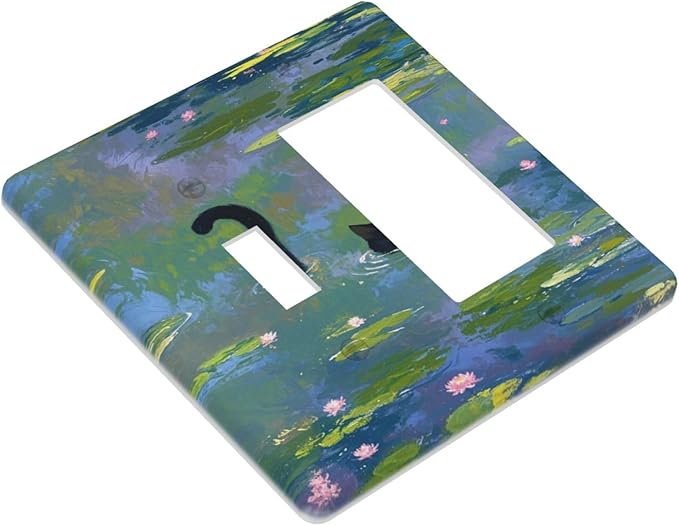 Outlet Covers Cute Black Cat Water Lily Pond Watercolor 2 Gang Combo Light Switch Cover Plate Toggle Rocker Wallplates Decorative Switch Plates and Outlet Covers for Kids Room Nursery Decor