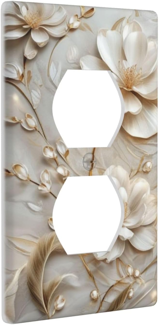 Decorative Art Light Switch Covers Elegant White and Gold Florals 1 Gang Single Duplex Outlet Wall Plate Switchplate Electrical Faceplate for Home Decor