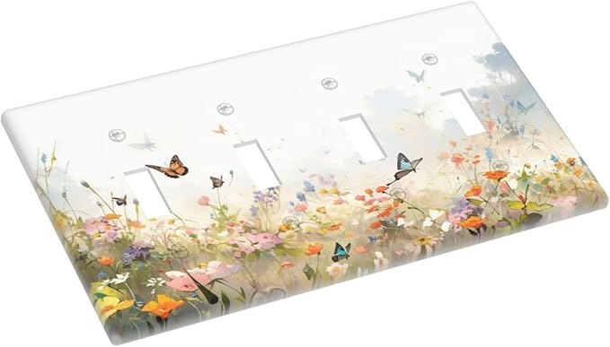 Wildflowers Watercolor Floral Colorful Butterfly Light Switch Covers Quad Toggle Electrical Faceplate 4 Gang Wall Plate Decorative Switch Plates for Farmhouse Bed Room Decor