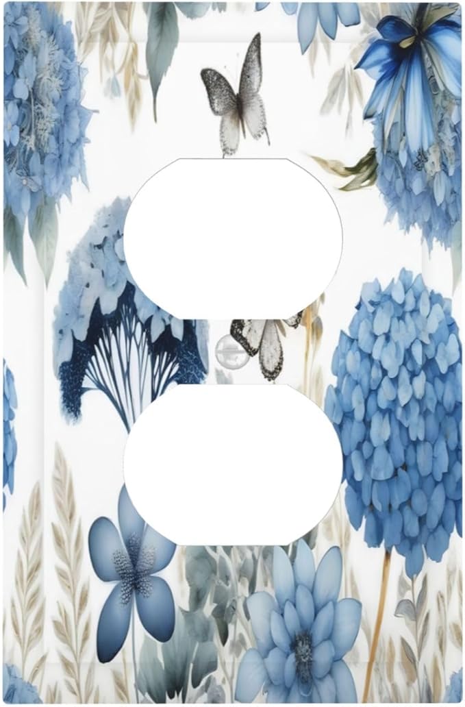 Blue Floral Hydrangea Floral Butterfly Flower Plant Outlet Covers 1 Gang Duplex Light Switch Cover Decorative Switch Plates Electrical Receptacle Faceplate Wall Plate for Bedroom Living Room Decor