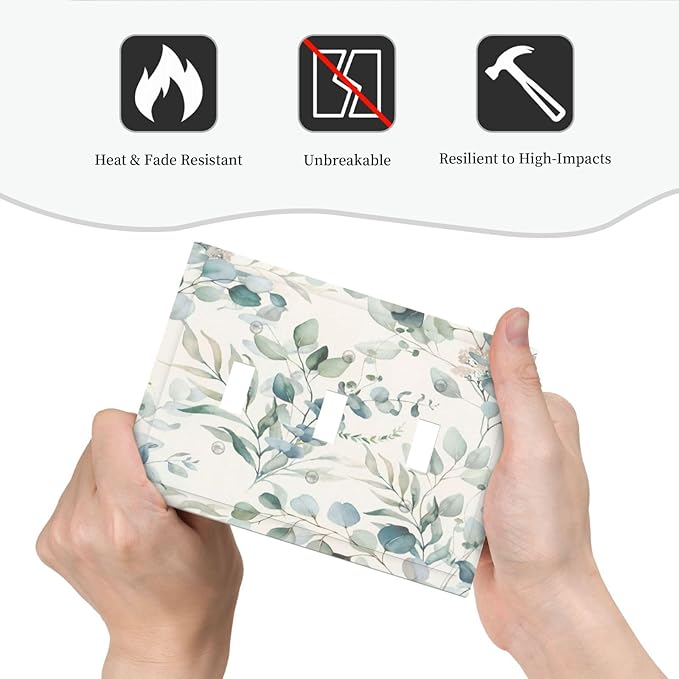 Boho Green White Eucalyptus Leaf Floral Decorative Switch Plates 3 Gang Wall Plate Triple Toggle Light Switch Cover Faceplate Electrical Wall Panels for Farmhouse Living Room Decor