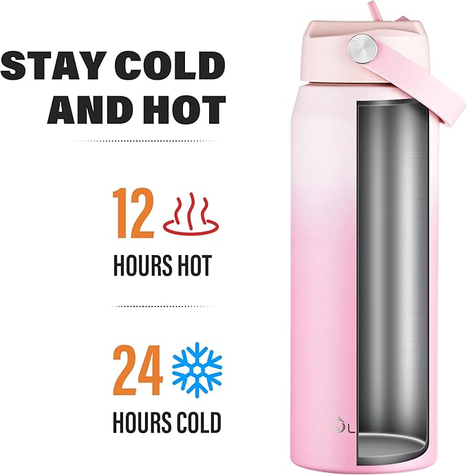 Oldley 24oz Insulated Water Bottle with Straw, Stainless Steel Water Bottle for Sports, Travel, School, BPA-Free Sports Bottles for Adult Kids, Leak-Proof, Pink-Red
