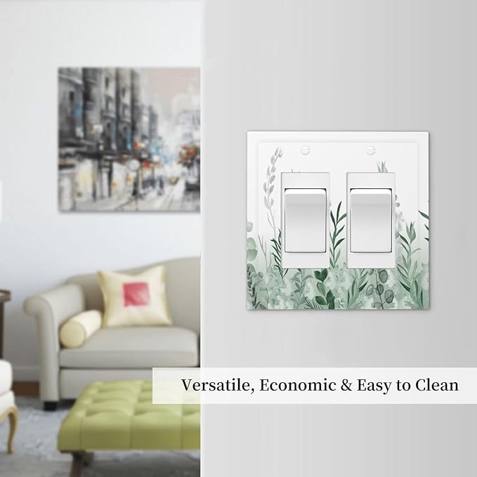 Watercolor Green Leaf Rustic Plant Eucalyptus Flowers Decorative Outlet Covers 2 Gang Double GFCI Rocker Electrical Wall Panels Light Switch Cover Plate for Bed Room Living Room Decor