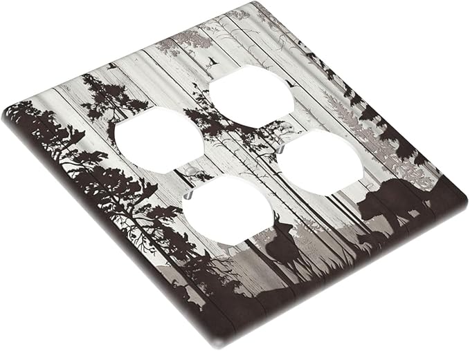 Decorative Outlet Covers Rustic Deer Hunting Forest Grey Wood Plank 2 Gang Wall Plate Double Duplex Light Switch Cover Switch Plate Covers Faceplate for Bedroom Home Decor
