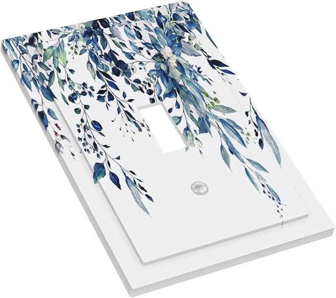 Blue Eucalyptus Watercolor Leaves 1 Gang Light Switch Cover Decorative Green Plant Single Toggle Wall Plate Switchcovers Electrical Switchplate Home Decor for Bathroom Living Room Bedroom Decorate