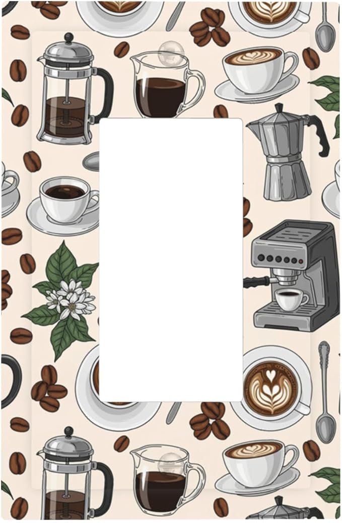 Whimsical Coffee Shop Single Rocker Switch Cover - 1-Gang Standard US Size Vintage Coffee Pattern Light Switch Covers, Café Culture Espresso for Dining Room Decor