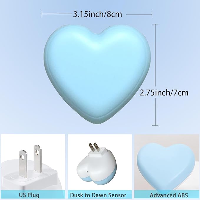 INZU Cute Night Light, Heart Night Light for Kids, LED Nightlight with Auto Dusk to Dawn Sensor, Nightlight Plug into Wall with Soft Warm Light for Bedroom, Nursery, Bathroom, Hallway (Blue)
