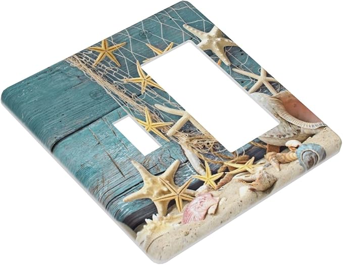 Nautical Beach Starfish Teal Wood 2 Gang Single Toggle/Rocker Combination Light Switch Cover Decorative Wall Plate Cover Electrical Faceplate Art Oil Painting Decor