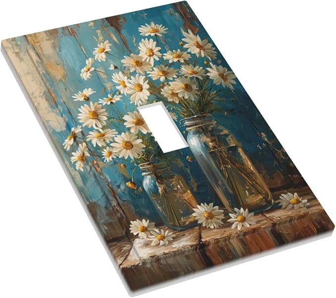 Delicate White Daisy Jars Retro Wood Background Decorative Light Switch Cover 1 Gang Single Toggle Device Electrical Faceplate Switchplates Decorator Outlet Wall Plate for Farmhouse Home Decor