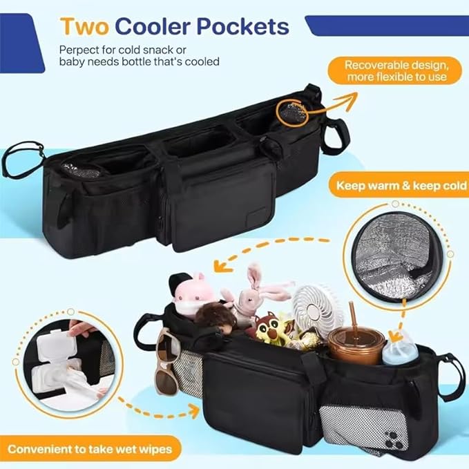Double Baby Stroller Organizer With 2 Cooler Pockets- For Bob Duallie And Baby Jogger City Mini GT2,Double Stroller Systems