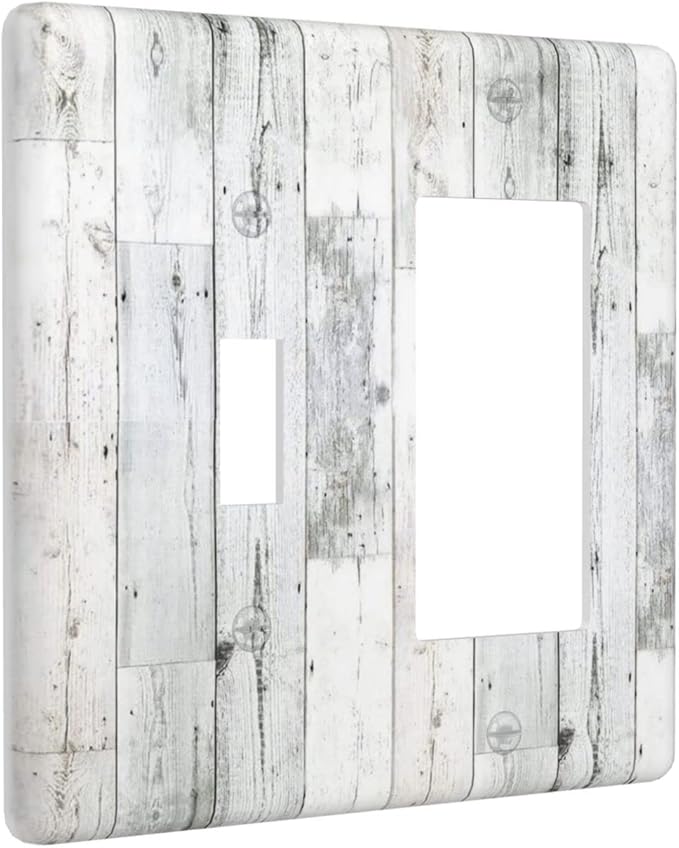 Grey White Wood 2 Gang Single Toggle/Rocker Combination Light Switch Cover Decorative Wall Plate Faceplate Boys Kids Teen Girl Bedroom Room Decorate 4.5" x 4.5