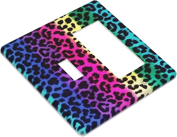 Rainbow Colorful Leopard 2 Gang Single Toggle/Rocker Combination Light Switch Cover Decorative Wall Plate Faceplate Boys Kids Teen Girl Bedroom Room Decorate 4.5" x 4.5