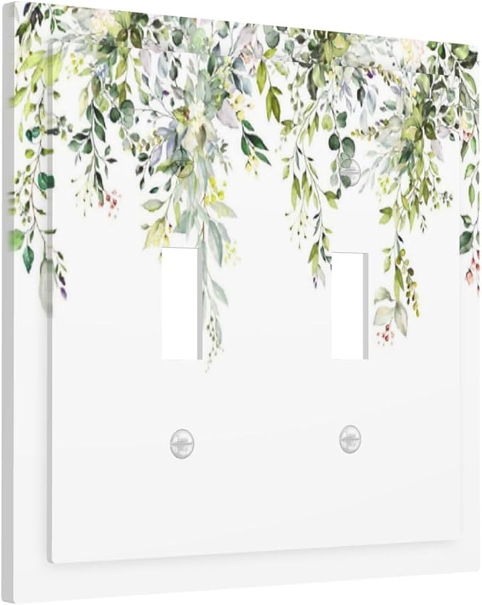 Decorative Switch Plates Green Eucalyptus Leaves Floral Wildflower 2 Gang Double Toggle Outlet Light Switch Cover Wall Plate Electrical Faceplate For Bed Room Living Room Decor