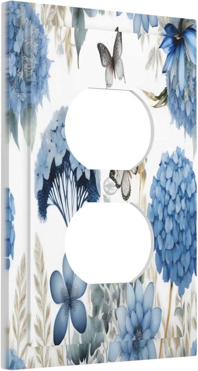 Blue Floral Hydrangea Floral Butterfly Flower Plant Outlet Covers 1 Gang Duplex Light Switch Cover Decorative Switch Plates Electrical Receptacle Faceplate Wall Plate for Bedroom Living Room Decor