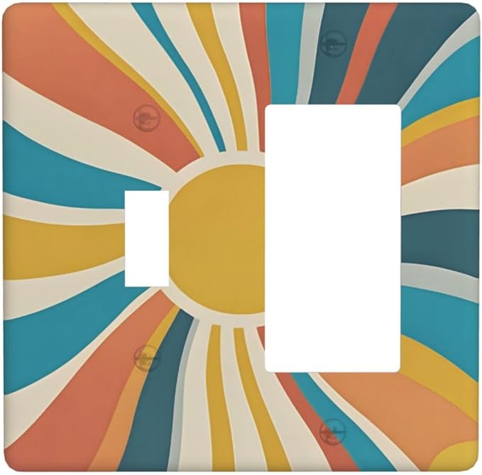 Decorative Toggle Switch Cover Plate with Retro Mid-Century Modern Sunburst Motif Design 2-Gang 1-Gang Standard Wall Plate Light Switch Cover for Abstract Teal/Yellow/Orange Wall Decor