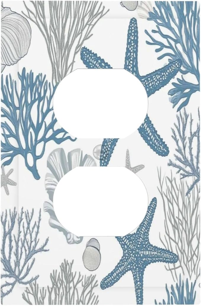 Blue Starfish Nautical Beach Conch Coastal Coral Shell Outlet Covers 1 Gang Duplex Light Switch Cover Decorative Switch Plates Electrical Receptacle Faceplate Wall Plate For Kids Room Bathroom Decor