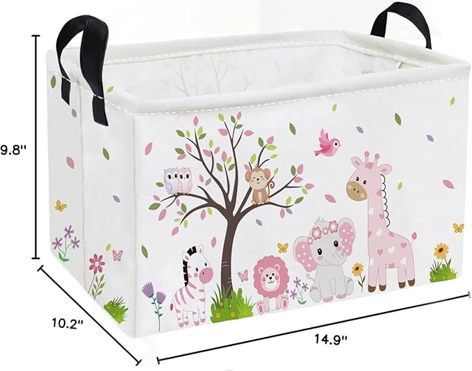 Essme Rectangular Animal Baskets,Pink Storage Basket with Handles for Girls Room Decor,Cute Storage Bin（Pink animal）