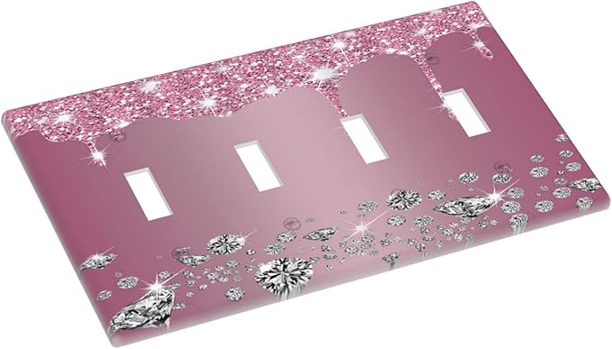 Sparkling Diamonds Pink Silver Glitter Drops Print Quad Toggle Light Switch Covers Decorative Unique 4 Gang Wall Plate Electrical Faceplate Switchplate for Kitchen Bedroom Bathroom Decor
