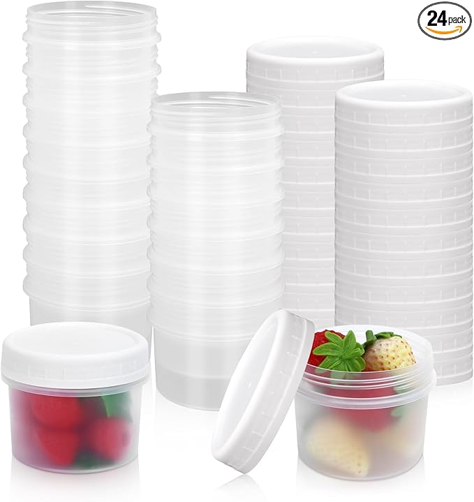 24 Pack 5 oz(160 ml) Food Storage Jars with Screw Lids, Reusable Small Refrigerated Jars, Small Plastic Freezer Storage Food Containers for Cake Jam Ice Cream Sauce
