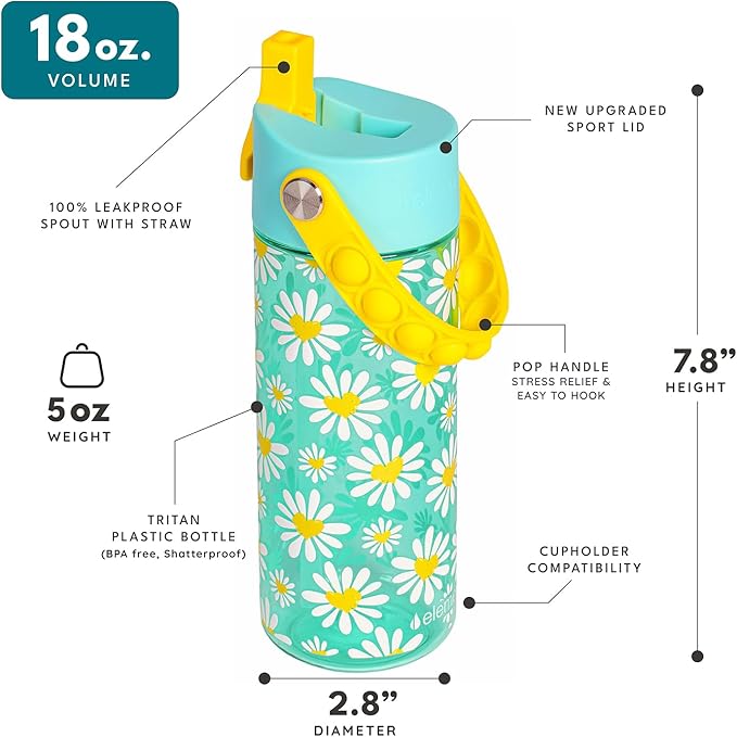 Elemental Water Bottles for Kids - Splash Kids Water Bottle for School with Pop-it Handle - BPA Free Tritan Plastic Water Bottle with Straw Leak Proof when Spout is Closed - Daisy Heart - 18oz