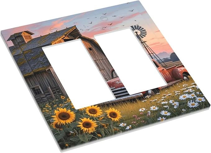 Rustic Barn Red Truck Windmill Sunflower Decorative Outlet Covers 2 Gang Double GFCI Rocker Electrical Wall Panels Light Switch Cover Plate for Farmhouse Home Decor