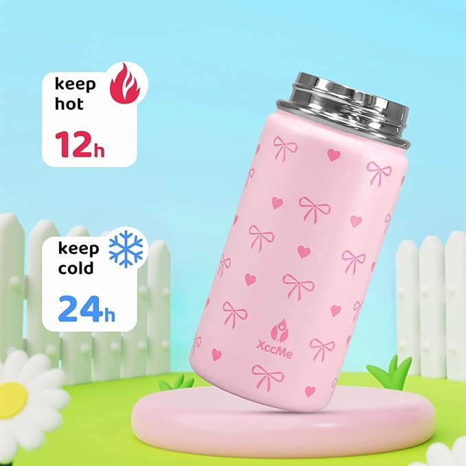 2Pack Kids Water Bottle With Straw Lid,14 oz Stainless Steel Travel Bottle,Double Wall Leak Proof Kids Cup,Insulated Tumbler for Toddlers,Metal Bottle for School Boys Girls(Bow+Dinosaur)
