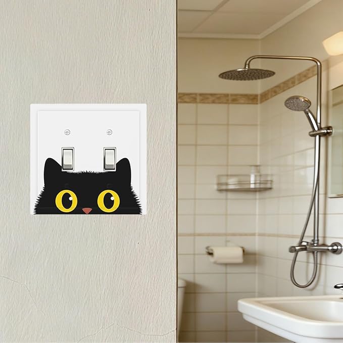 Peeking Cute Black Cat Double Toggle Switch Cover - 2-Gang Standard US Size Curious Cat Eyes Light Switch Covers for Cat Lover Decor
