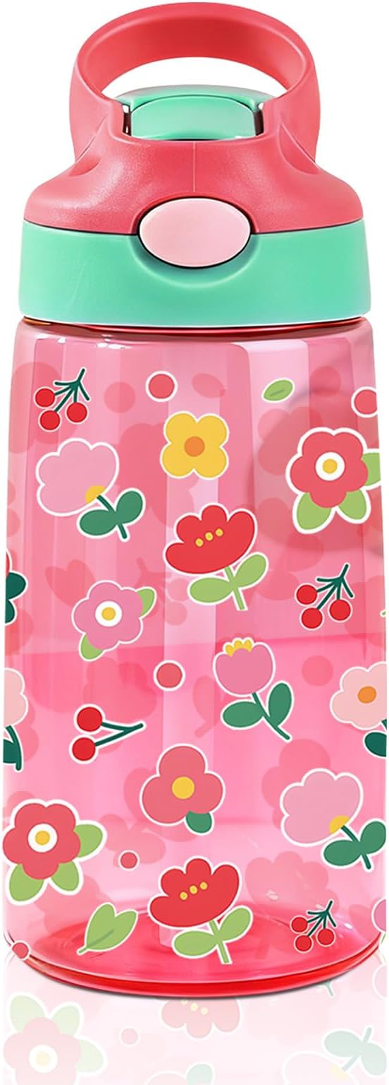 14oz Florals Kids Water Bottle with Straw Lid - Colorful Flowers Water Bottles for Kids, Leakproof, Lightweight, Durable Plastic Bottles for School, Pop-Up Straw Cover, Gift Cup for Girls(Flower)
