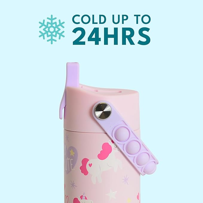 Elemental 100% Leak Proof When Spout is Closed Insulated Kids Water Bottle, Stainless Steel Bottle for School with Straw Lid & Pop-It Handle, Unicorn Magic & Meowmaid - 18oz (2 Pack)