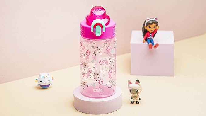 Zak Designs DreamWorks Gabby's Dollhouse Sage Water Bottle For School or Travel, 16oz Durable Plastic Water Bottle With Straw, Handle, and Leak-Proof, Pop-Up Spout Cover (Pandy Paws)