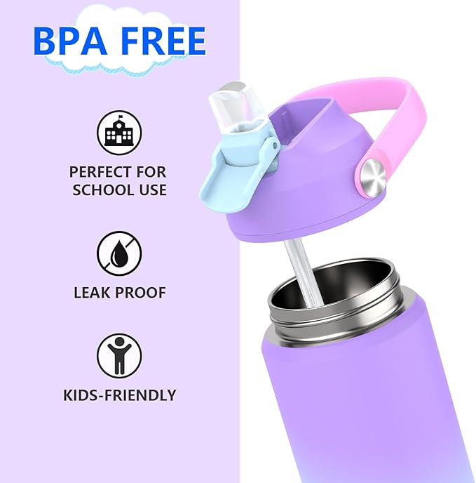 Kids Water Bottle with Straw,18 oz Boys Insulated Cups with Stainless Steel Leak Proof for School Boys Girls,Sport&Travel（Purple）