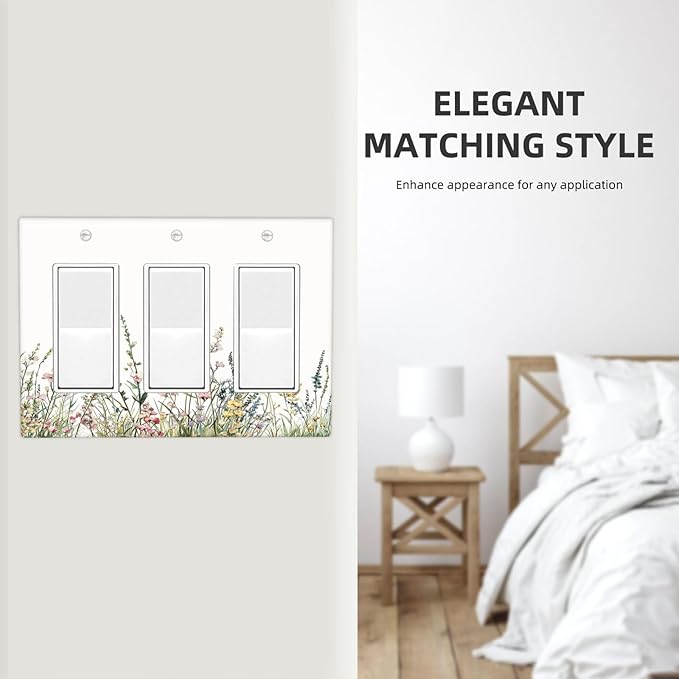 Light Switch Covers Boho Wildflower Green Leaves Rustic Floral Botanical 3 Gang Rocker Electrical GFCI Decorative Triple Outlet Wall Plate Cover Switchplate for Bedroom living Room Decor