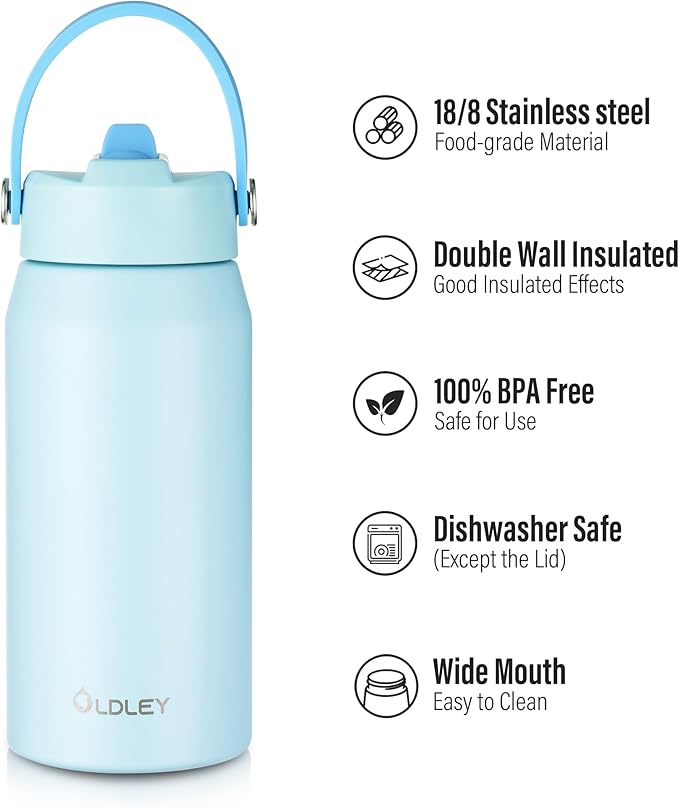 Oldley 18oz Insulated Water Bottle with Straw, Stainless Steel Water Bottle for Sports, Travel, School, BPA-Free Sports Bottles for Adult Kids, Leak-Proof, Light Blue