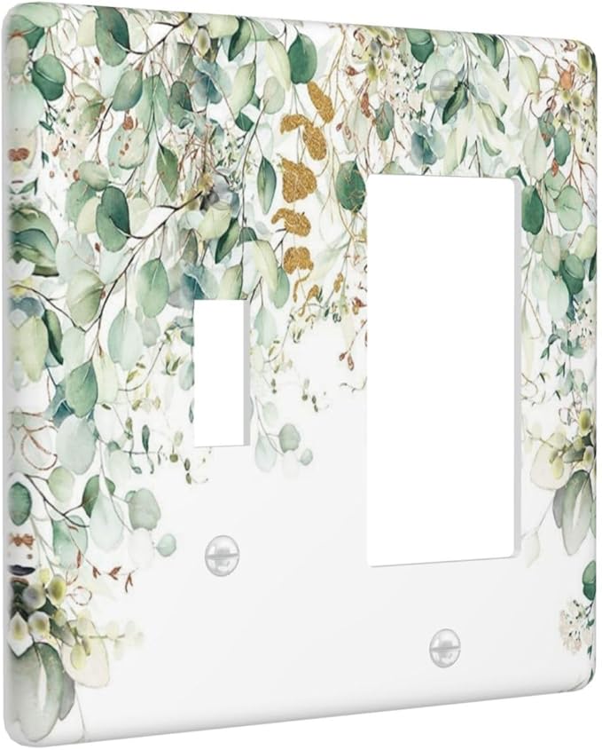Gold Green Eucalyptus Leaves Plants Flowers Floral Outlet Covers 1 Toggle 1 Rocker Combination Decorative Wall Plate Electrical Switch Plates Light Switch Cover Plate for Bedroom Living Room Decor