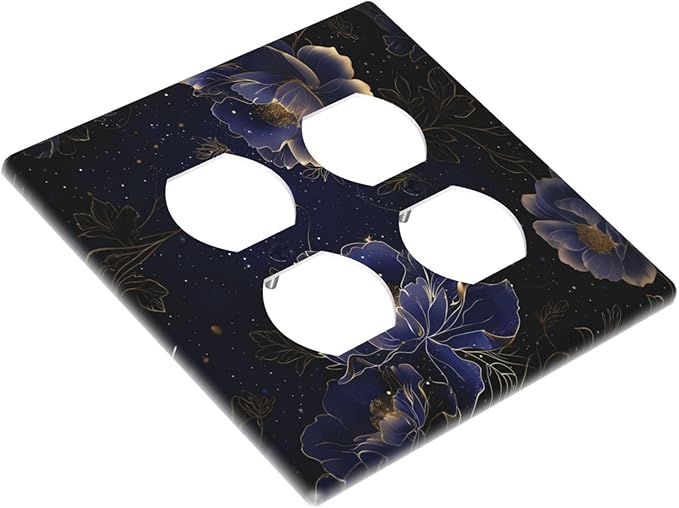 Navy Blue Floral Vintage Flower Dark Watercolor Outlet Covers 2 Gang Double Duplex Decorative Light Switch Covers Electrical Wallplates Socket Faceplate for Bedroom Living Room Decor