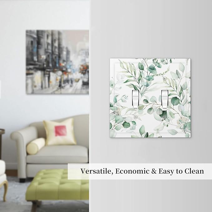 Boho Green Eucalyptus Leaf Floral Plants Flowers Decorative Switch Plates 2 Gang Double Toggle Outlet Light Switch Cover Wall Plate Electrical Faceplate for Bed Room Living Room Decor
