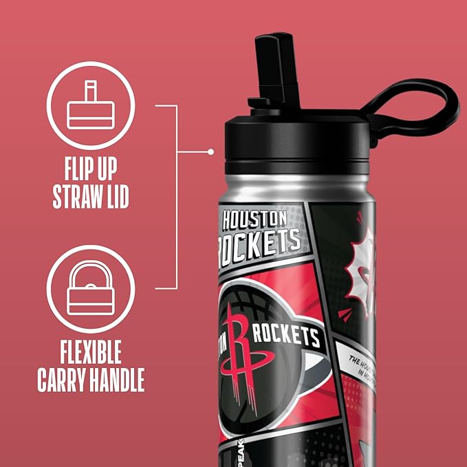 Hydrapeak x NBA Houston Rockets 20 oz Stainless Steel Water Bottle, Officially Licensed Double Wall Insulated Sports Bottle with Straw Lid, Reusable Leakproof Gift for Kids & Adults